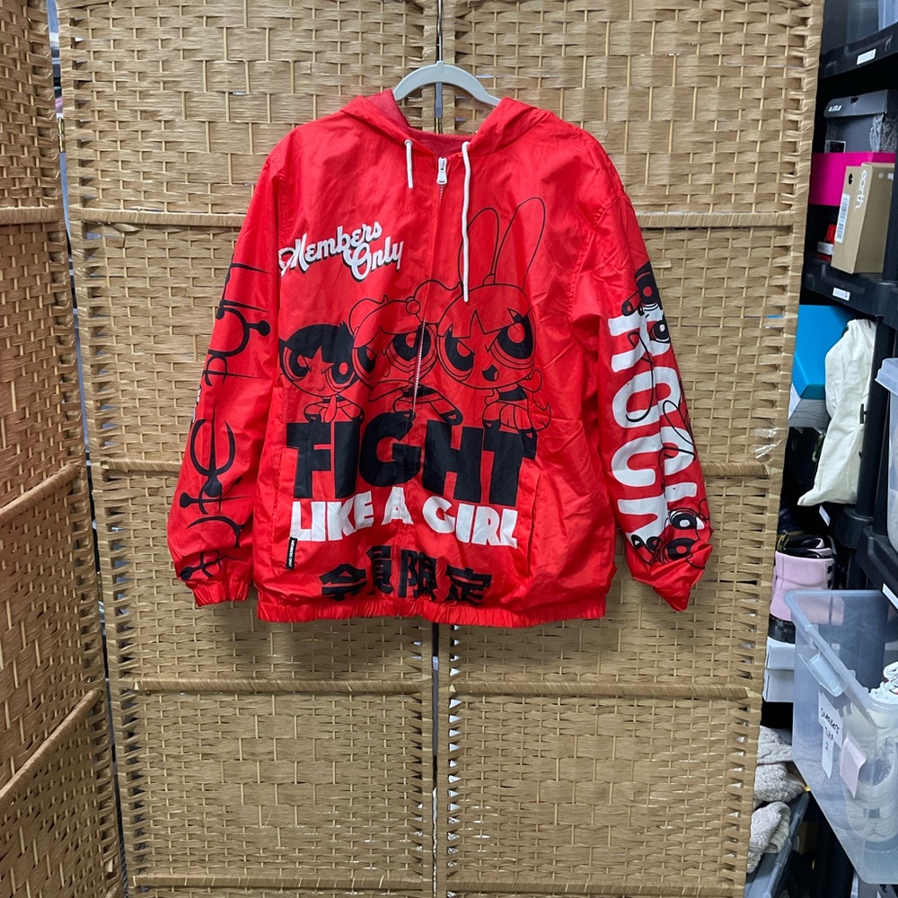 Members Only Red Powerpuff Girls 'Fight Like a Girl' Hooded Windbreaker Jacket